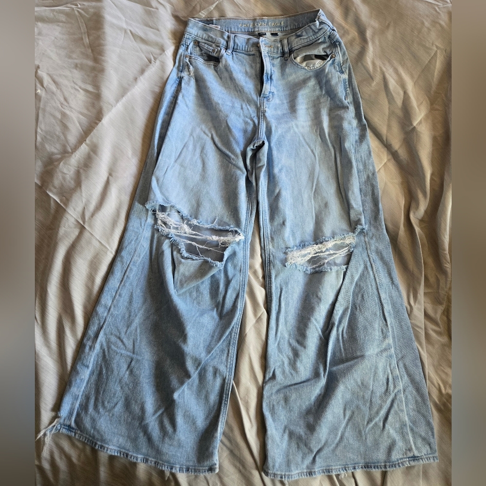 American Eagle Outfitters Light Blue Distressed Ultra Wide Leg Jeans